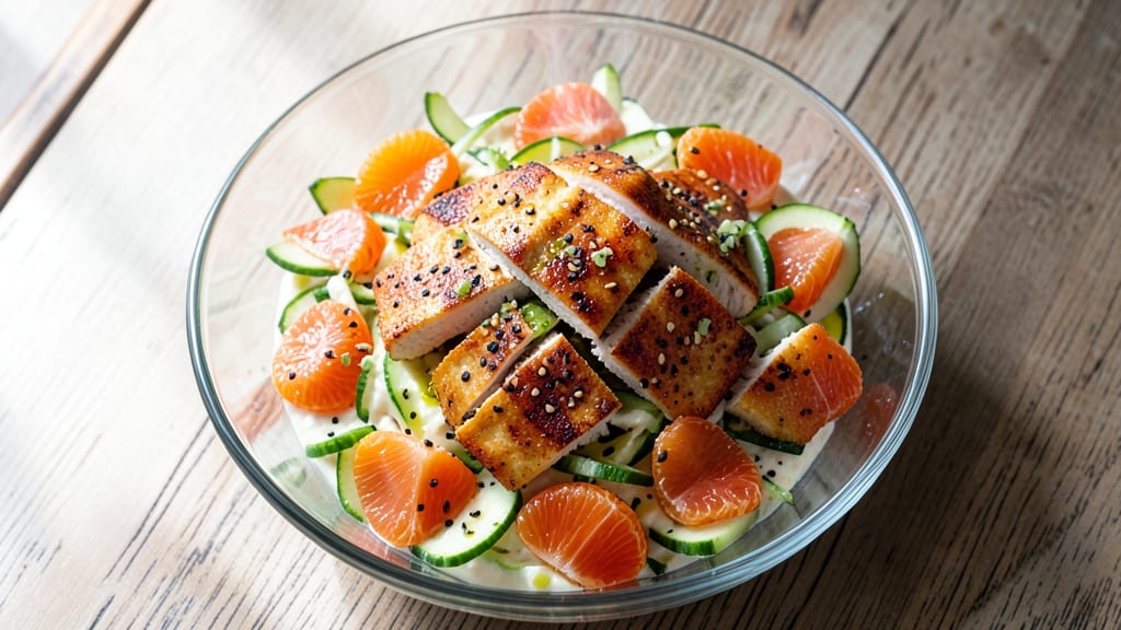Applebee's Oriental Chicken Salad Copycat Recipe: Crispy Herb-Crusted Bites Over Cooling Cucumber-Mandarin Mix